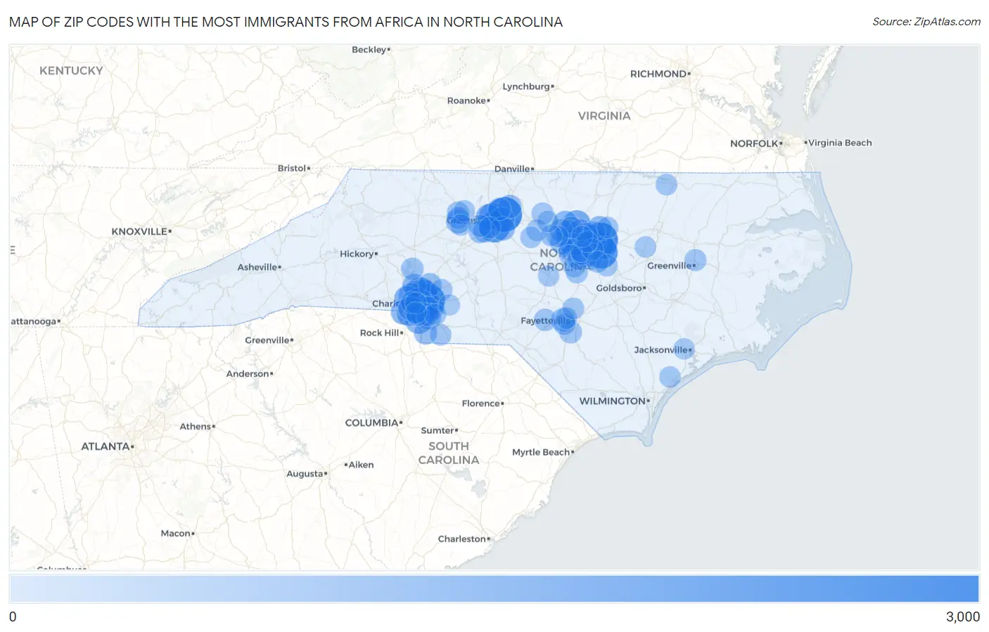 Zip Codes with the Most Immigrants from Africa in North Carolina Map