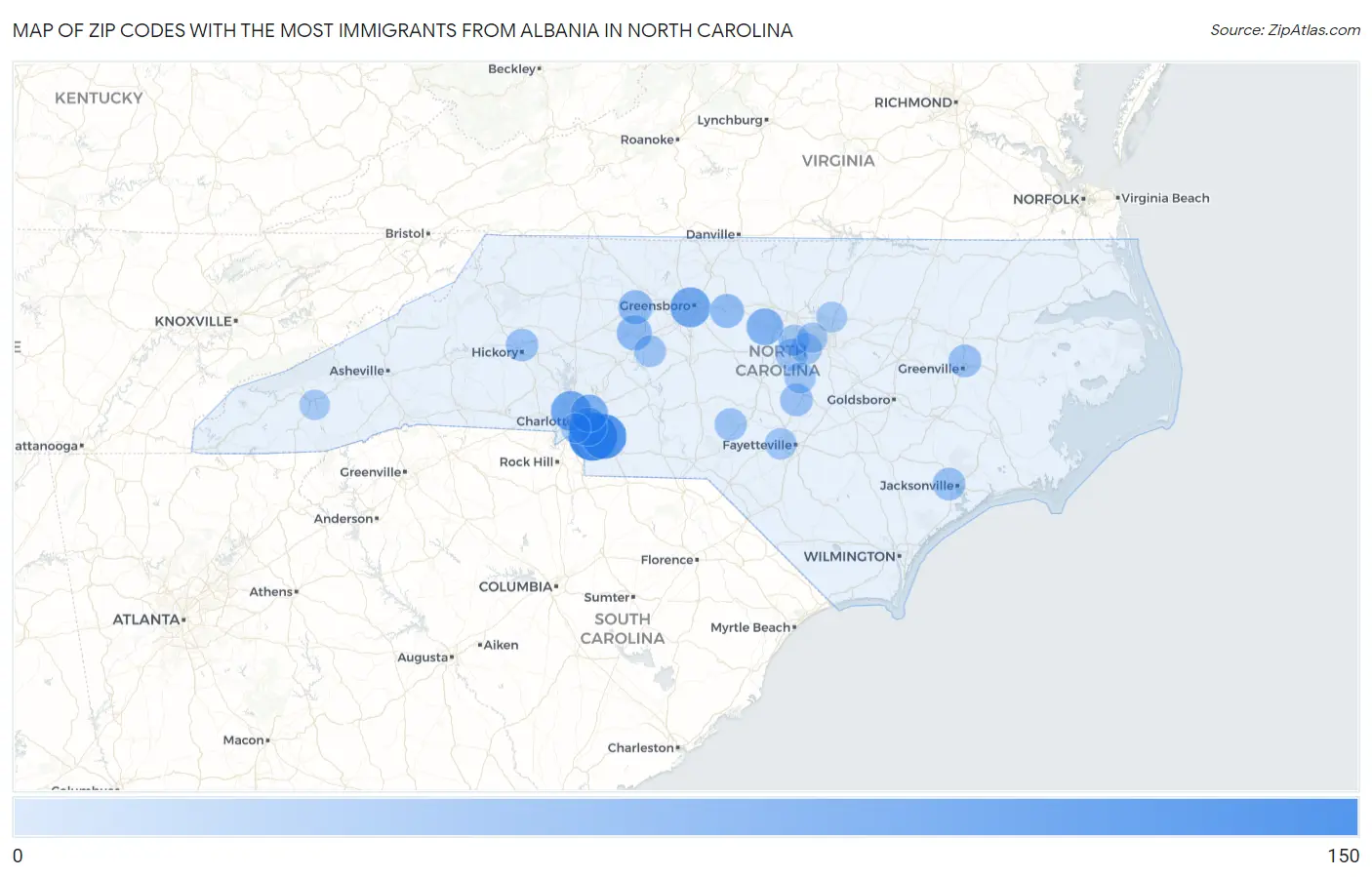 Zip Codes with the Most Immigrants from Albania in North Carolina Map