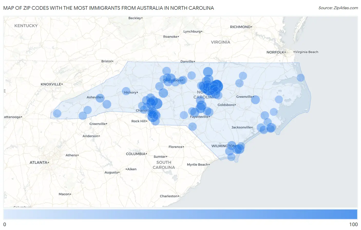 Zip Codes with the Most Immigrants from Australia in North Carolina Map
