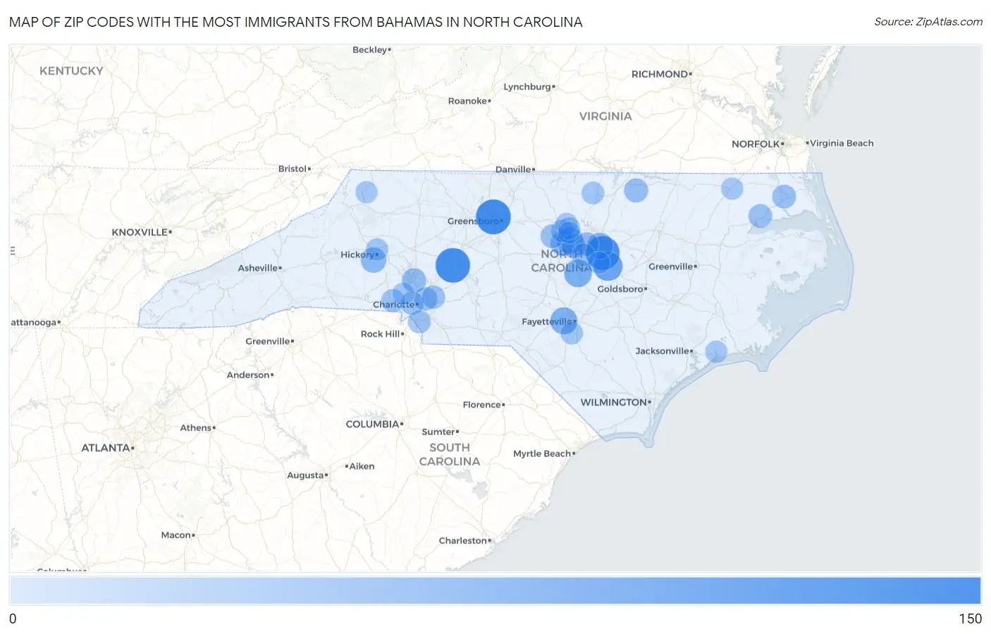 Zip Codes with the Most Immigrants from Bahamas in North Carolina Map