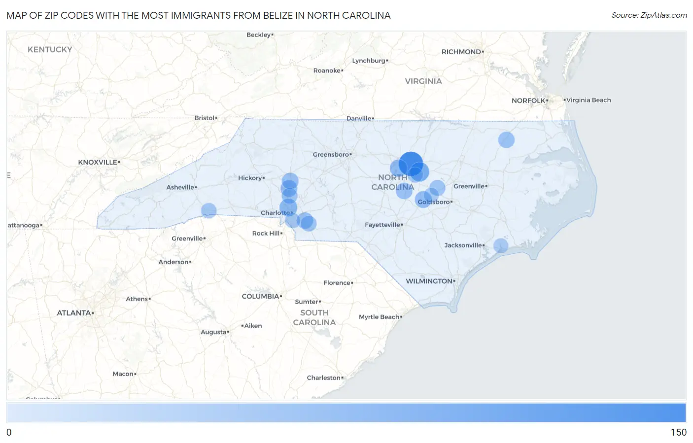 Zip Codes with the Most Immigrants from Belize in North Carolina Map