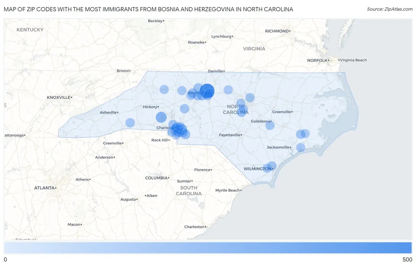 Zip Codes with the Most Immigrants from Bosnia and Herzegovina in North Carolina Map