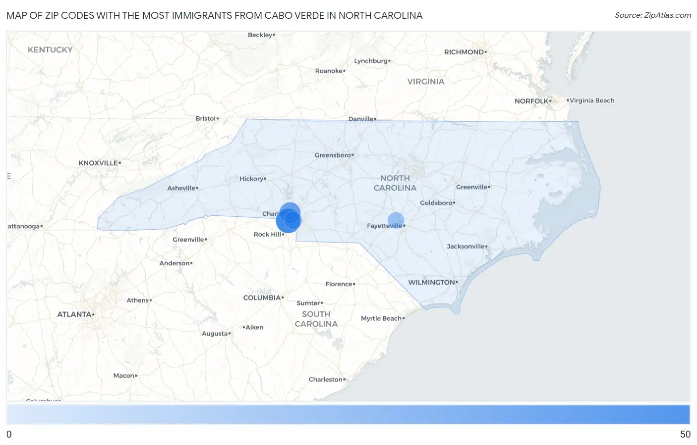 Zip Codes with the Most Immigrants from Cabo Verde in North Carolina Map