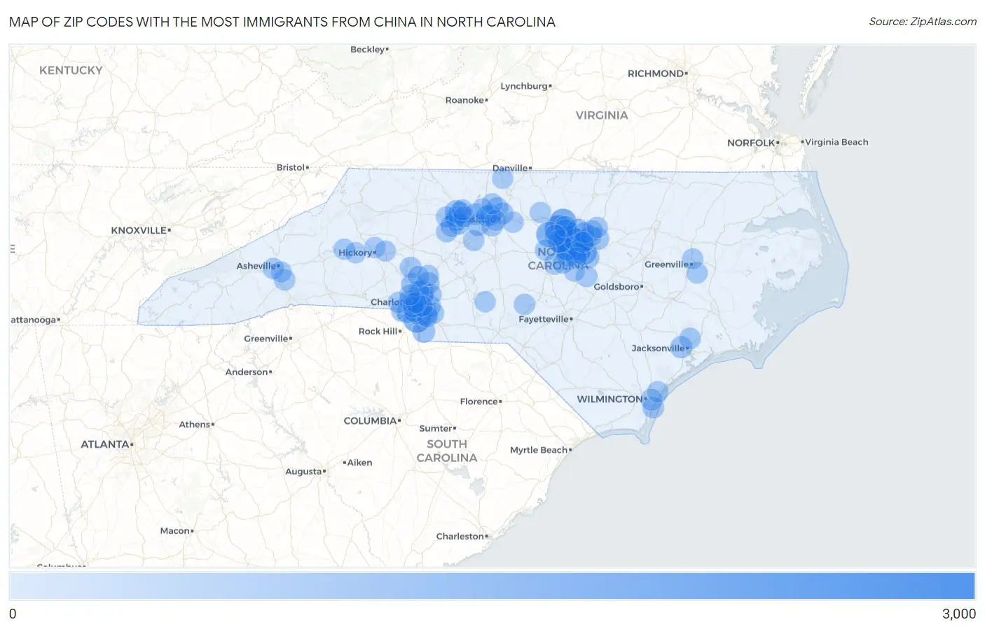 Zip Codes with the Most Immigrants from China in North Carolina Map