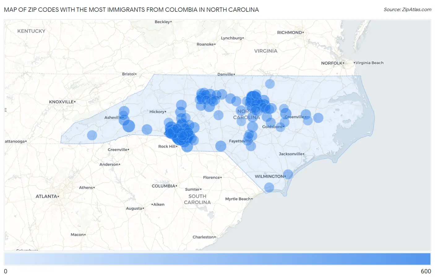 Zip Codes with the Most Immigrants from Colombia in North Carolina Map