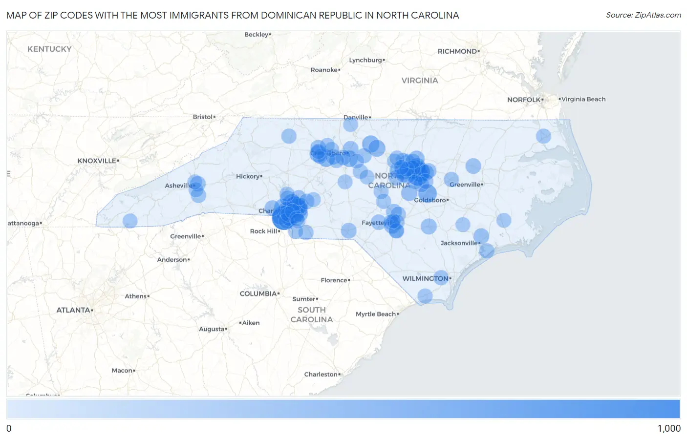 Zip Codes with the Most Immigrants from Dominican Republic in North Carolina Map