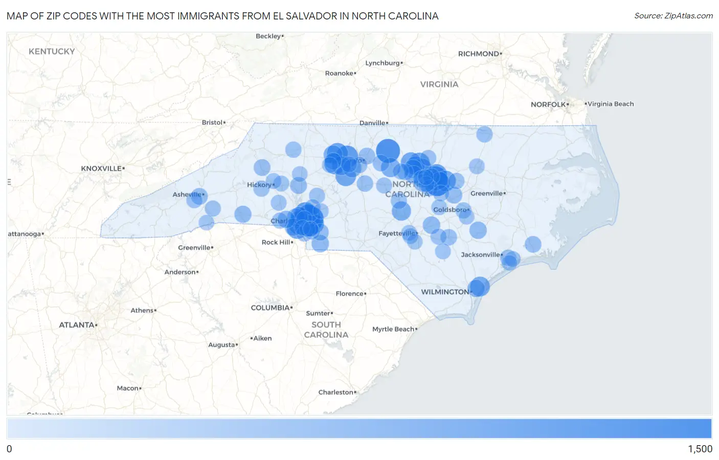 Zip Codes with the Most Immigrants from El Salvador in North Carolina Map