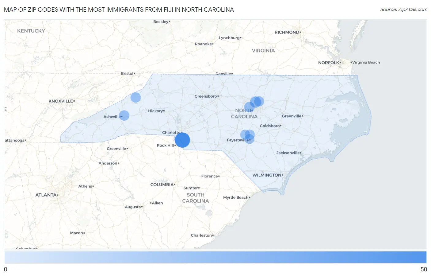 Zip Codes with the Most Immigrants from Fiji in North Carolina Map