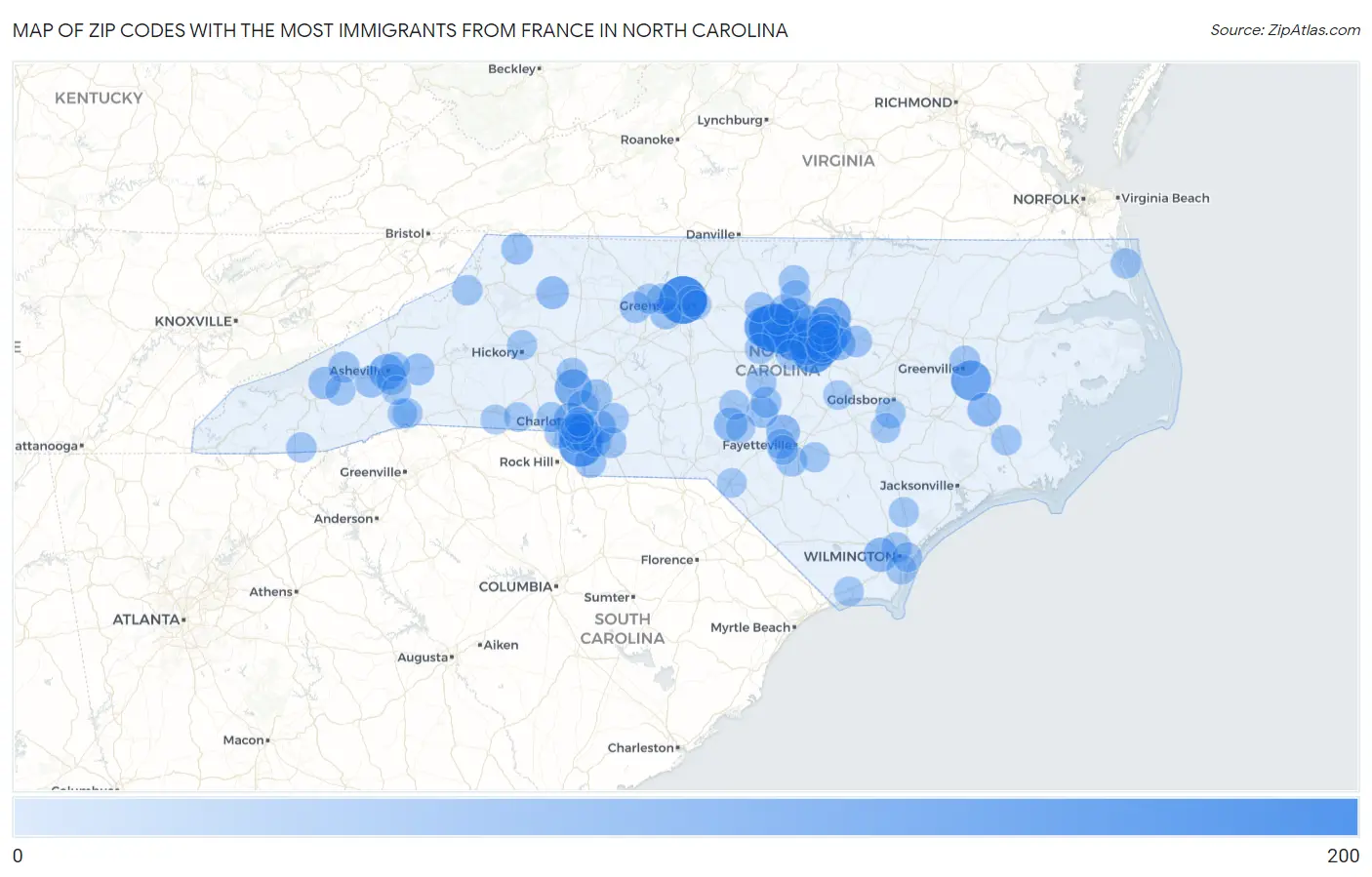 Zip Codes with the Most Immigrants from France in North Carolina Map