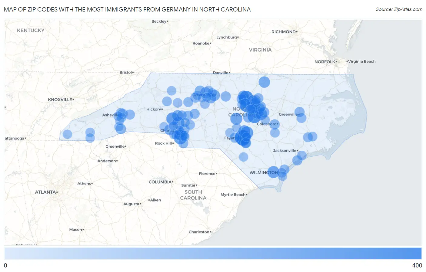 Zip Codes with the Most Immigrants from Germany in North Carolina Map