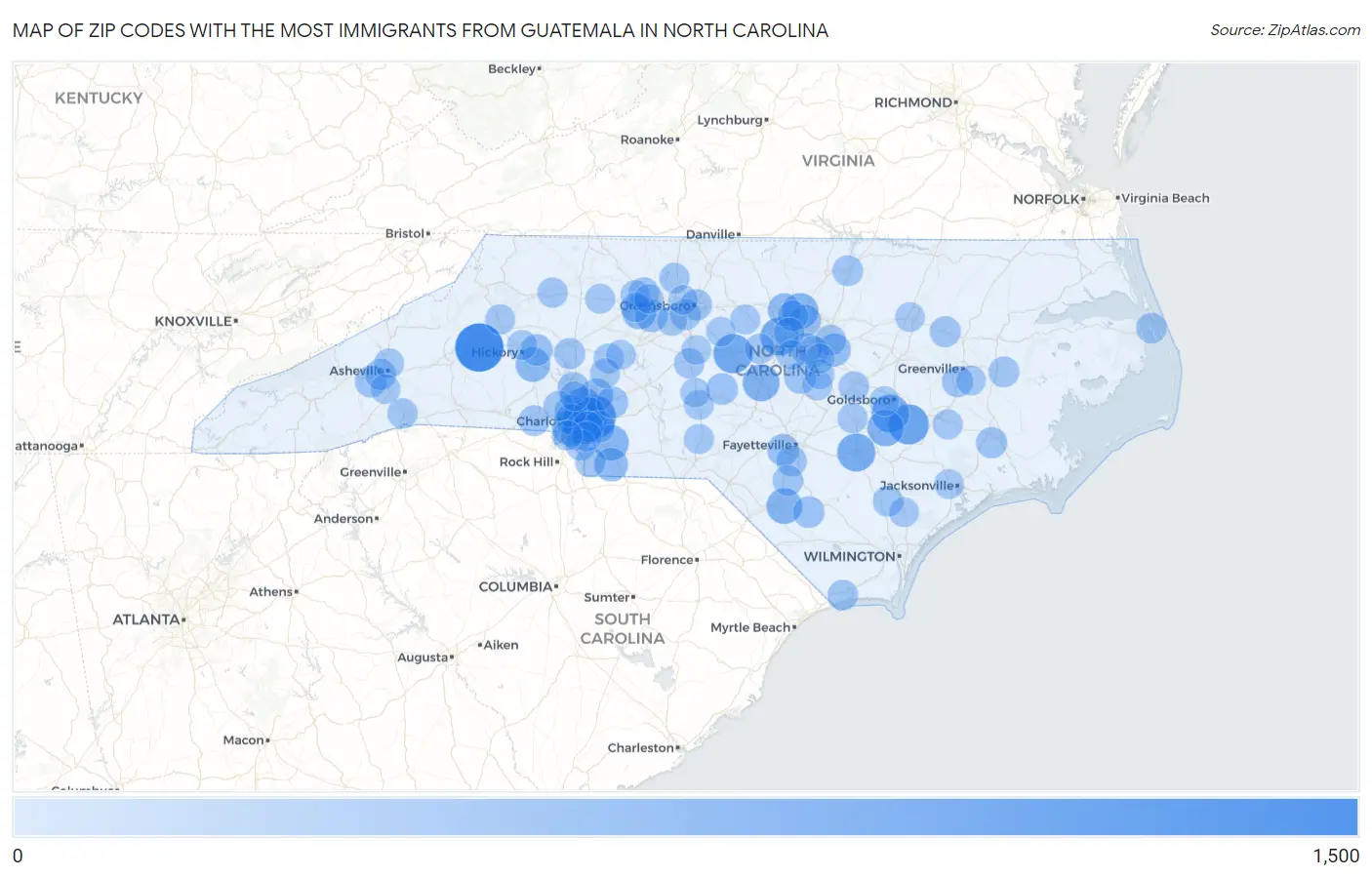 Zip Codes with the Most Immigrants from Guatemala in North Carolina Map