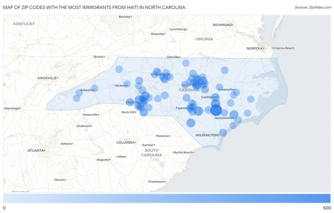 Zip Codes with the Most Immigrants from Haiti in North Carolina Map