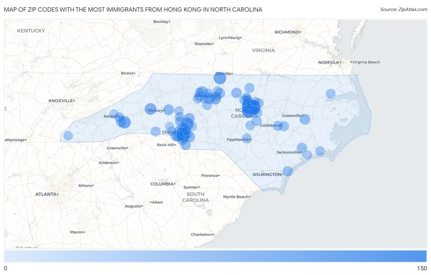 Zip Codes with the Most Immigrants from Hong Kong in North Carolina Map