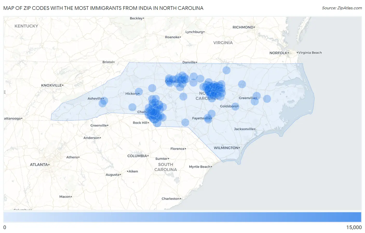 Zip Codes with the Most Immigrants from India in North Carolina Map