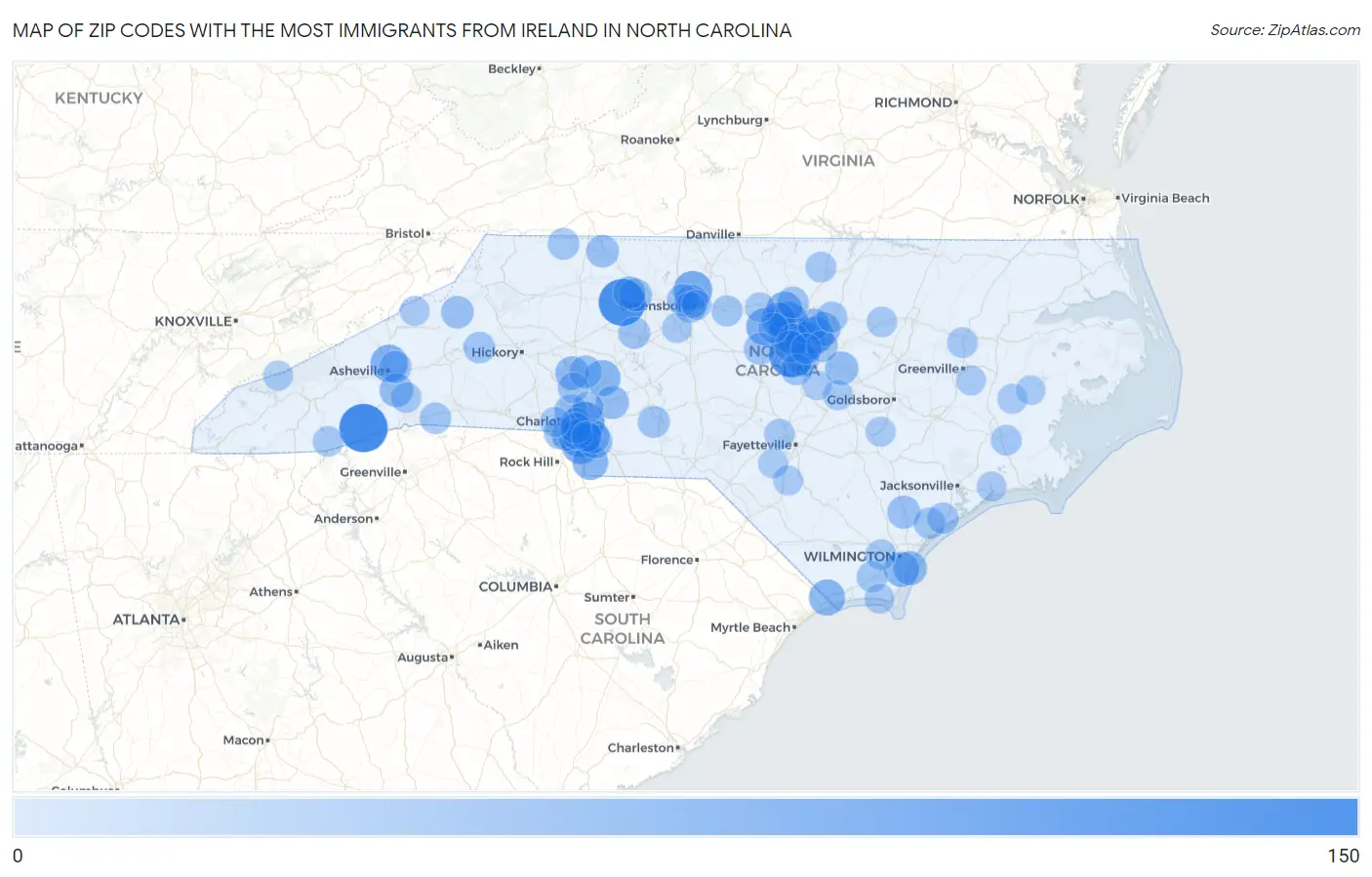 Zip Codes with the Most Immigrants from Ireland in North Carolina Map