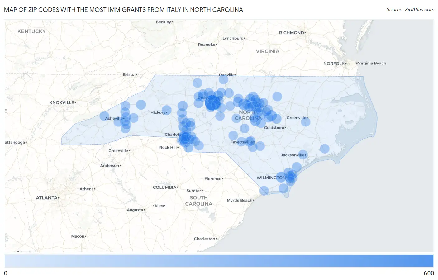 Zip Codes with the Most Immigrants from Italy in North Carolina Map