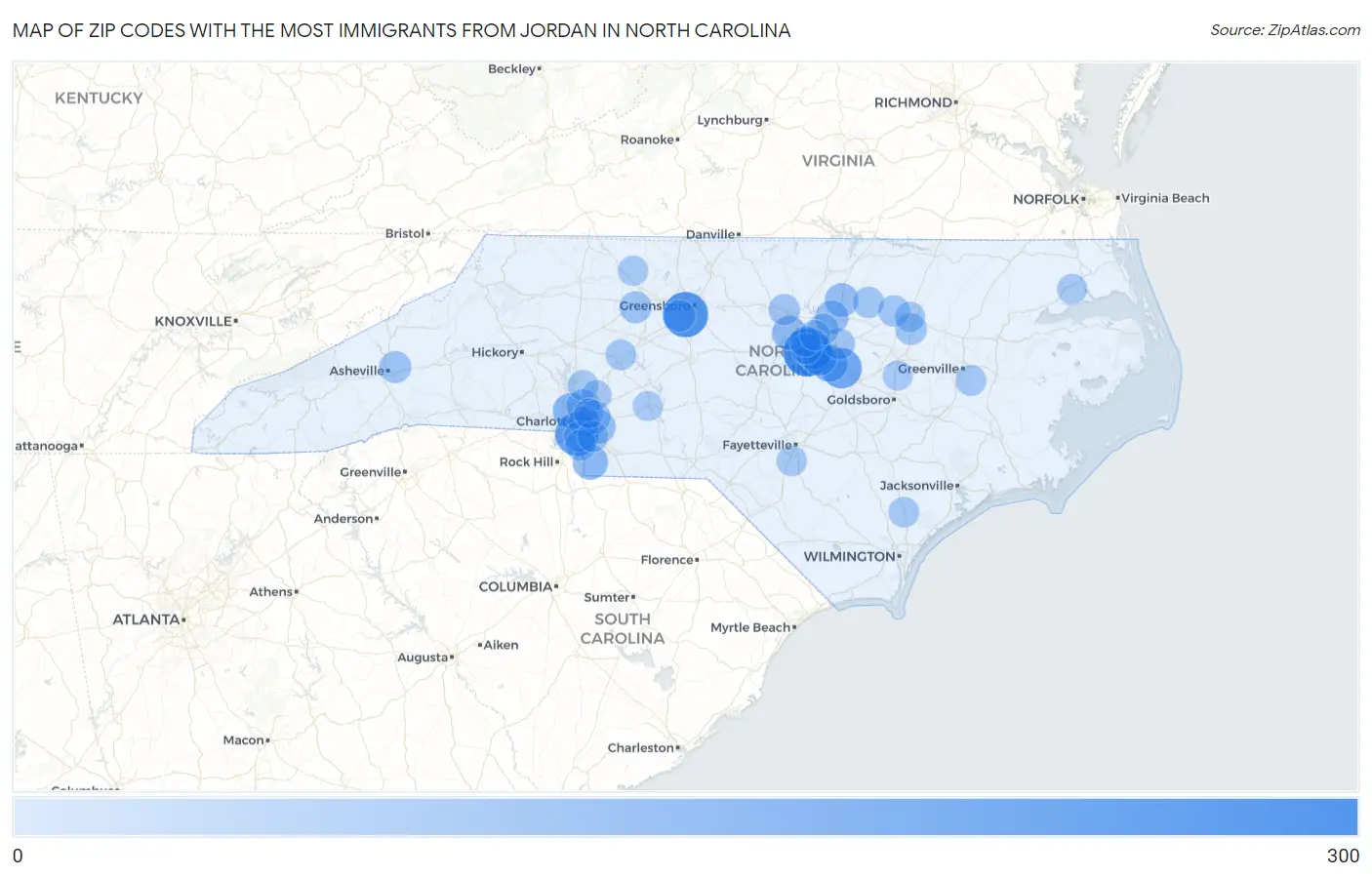 Zip Codes with the Most Immigrants from Jordan in North Carolina Map
