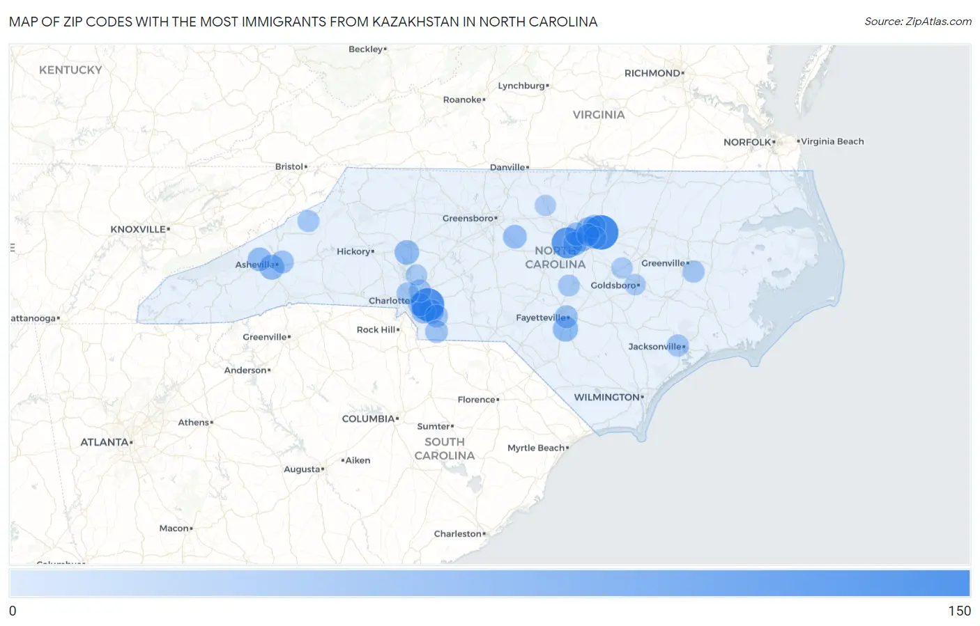 Zip Codes with the Most Immigrants from Kazakhstan in North Carolina Map