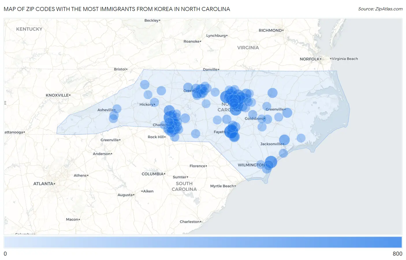 Zip Codes with the Most Immigrants from Korea in North Carolina Map