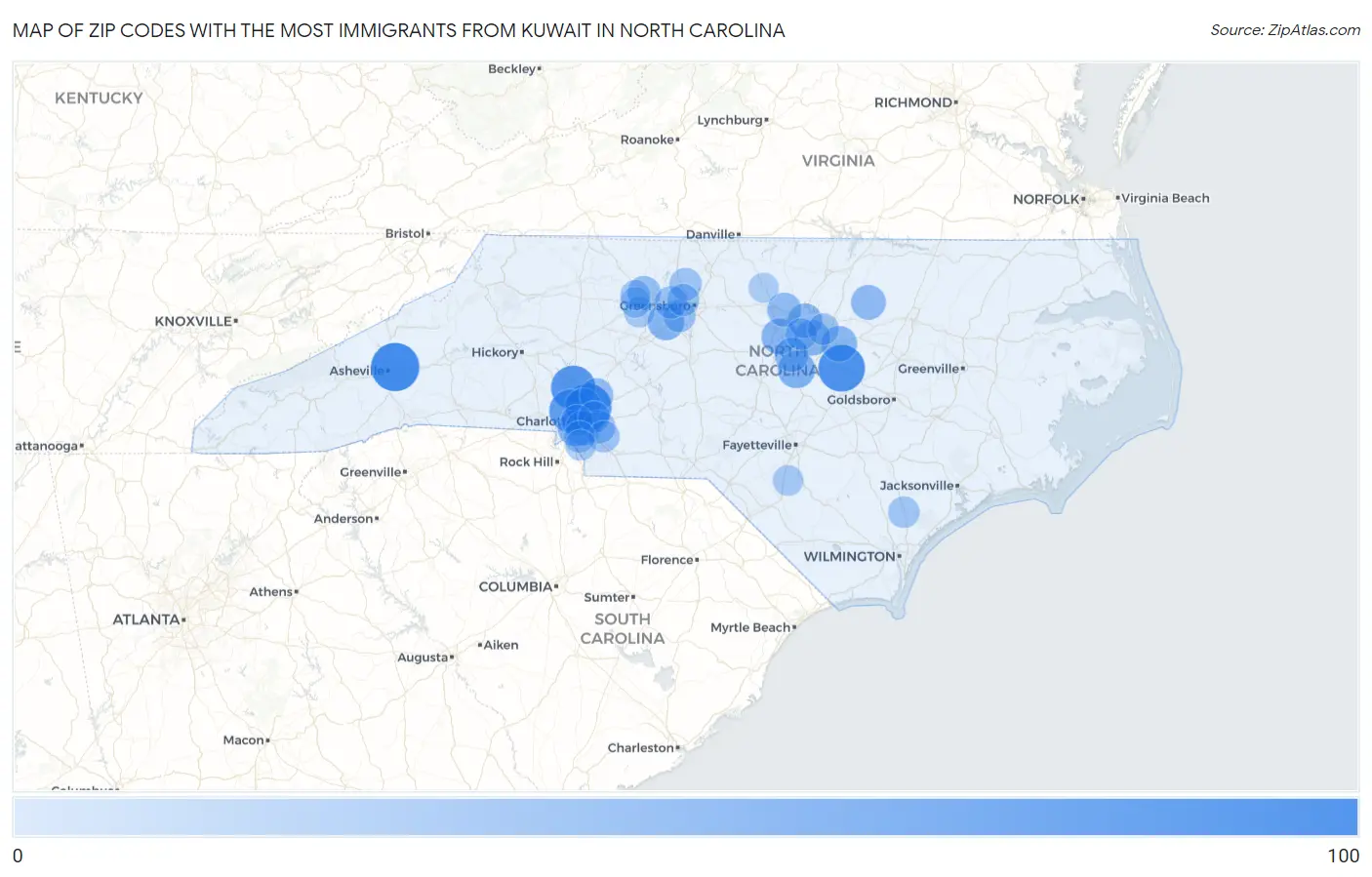 Zip Codes with the Most Immigrants from Kuwait in North Carolina Map