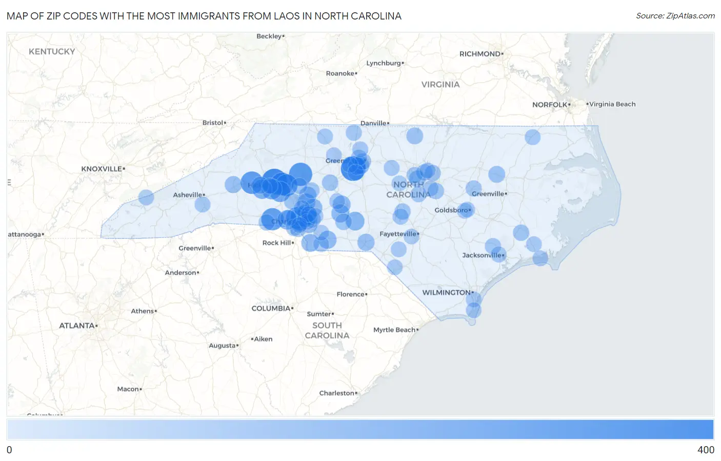 Zip Codes with the Most Immigrants from Laos in North Carolina Map