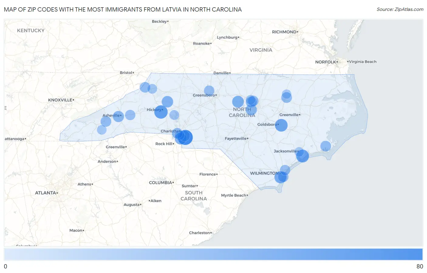 Zip Codes with the Most Immigrants from Latvia in North Carolina Map