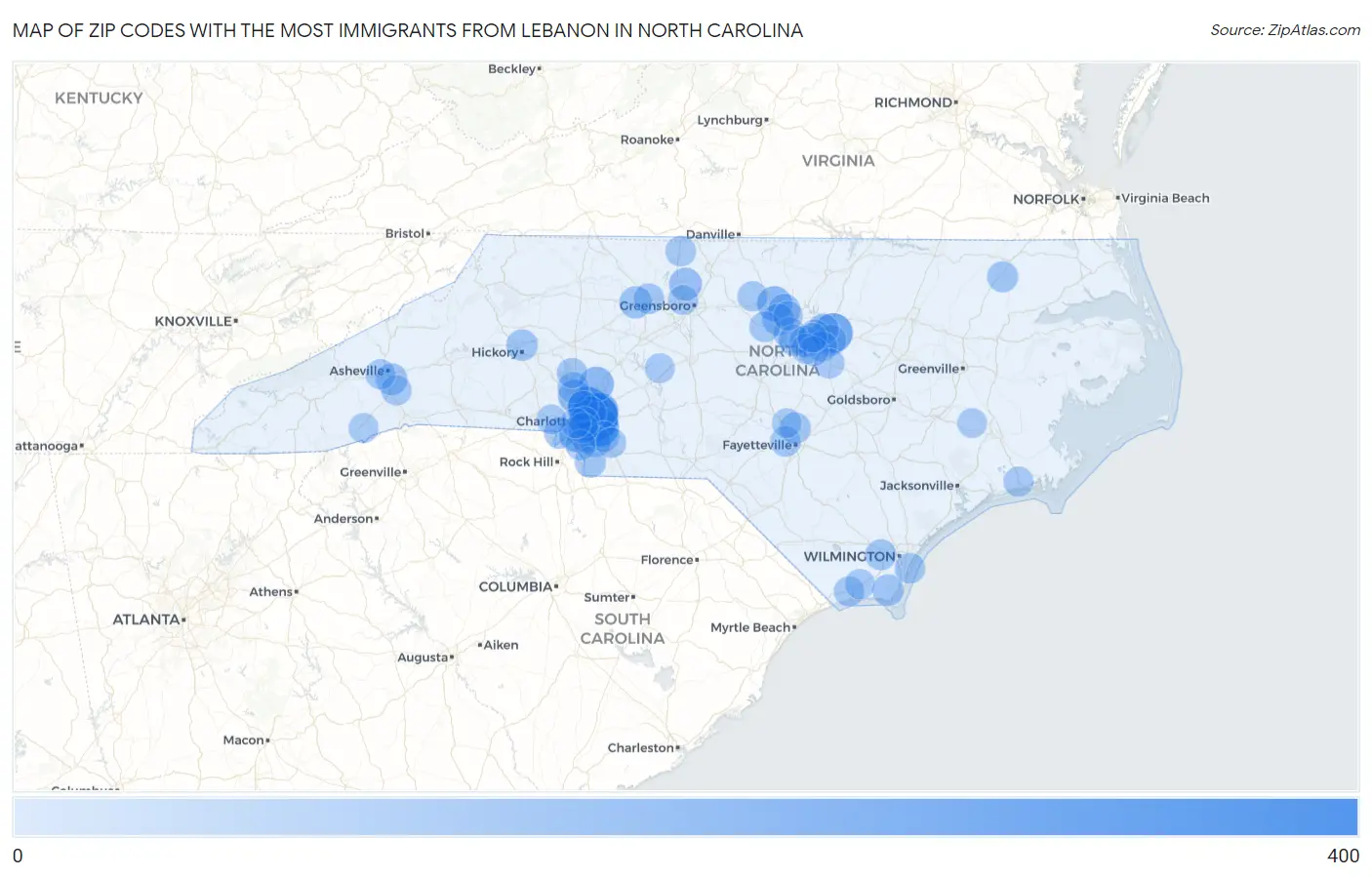 Zip Codes with the Most Immigrants from Lebanon in North Carolina Map