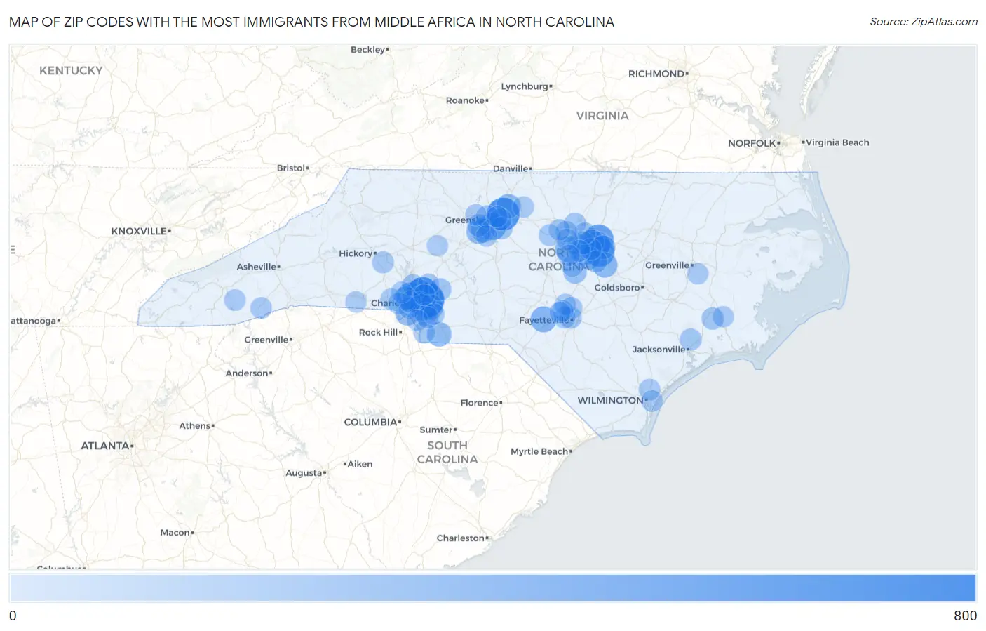 Zip Codes with the Most Immigrants from Middle Africa in North Carolina Map