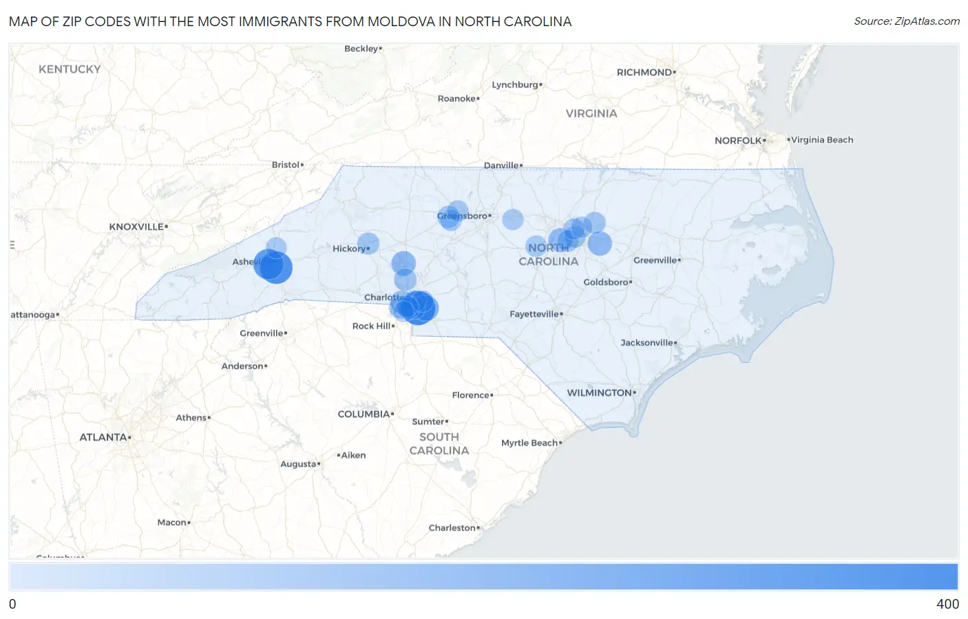 Zip Codes with the Most Immigrants from Moldova in North Carolina Map