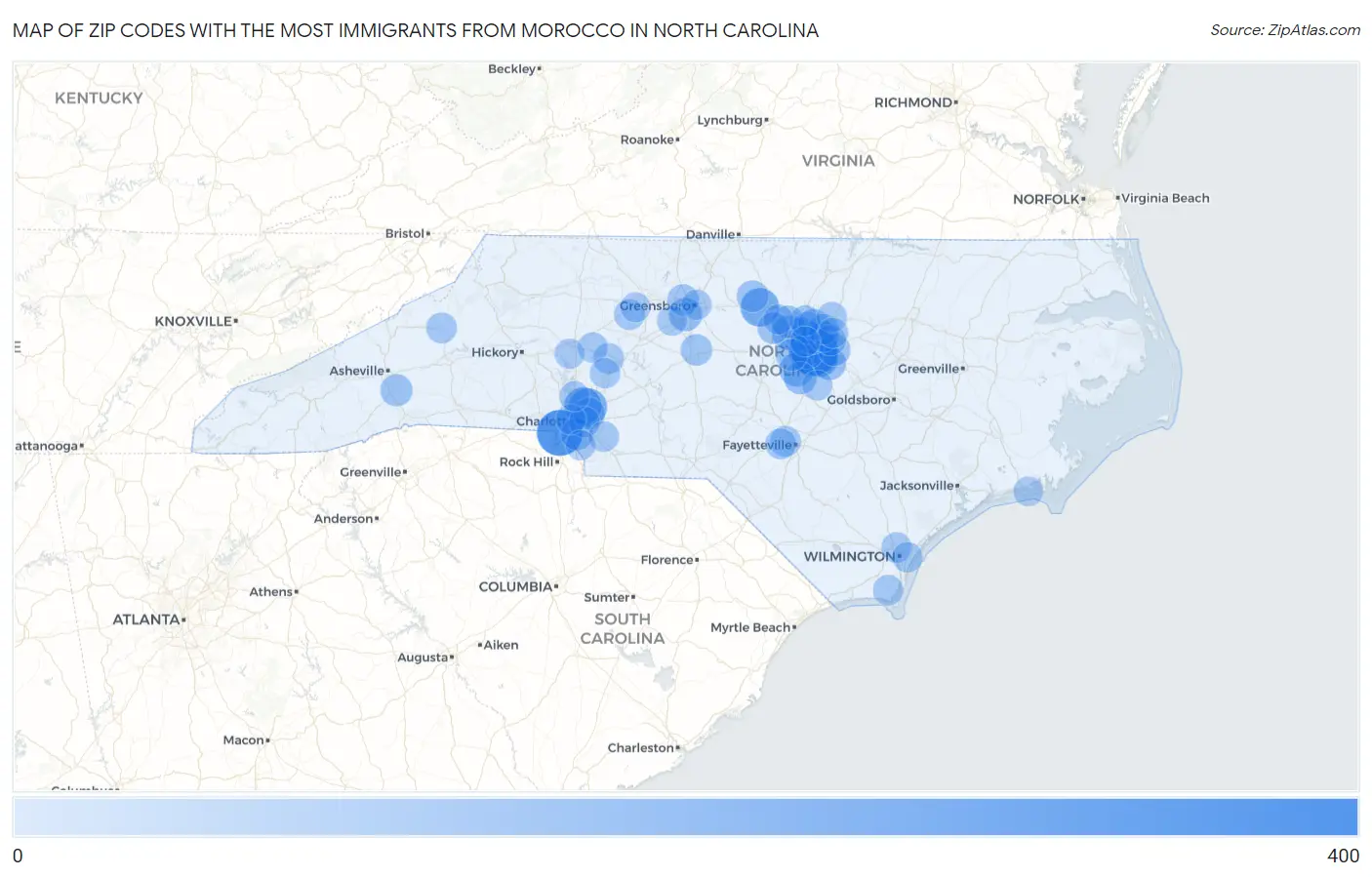 Zip Codes with the Most Immigrants from Morocco in North Carolina Map