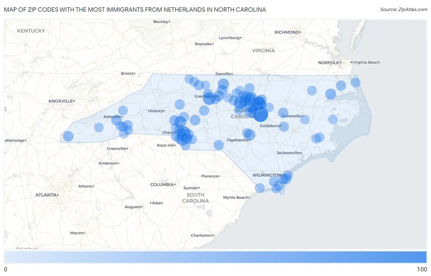 Zip Codes with the Most Immigrants from Netherlands in North Carolina Map