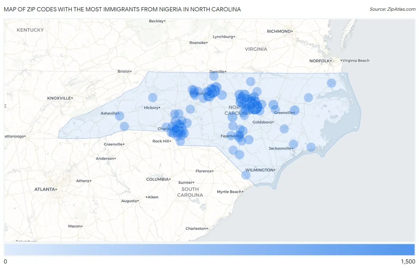 Zip Codes with the Most Immigrants from Nigeria in North Carolina Map