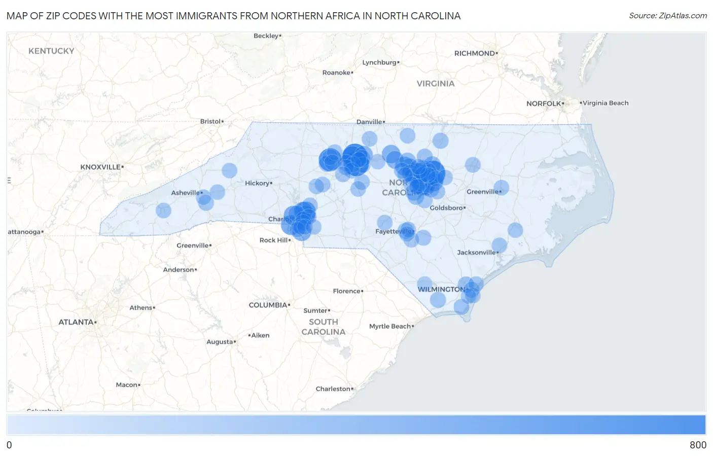 Zip Codes with the Most Immigrants from Northern Africa in North Carolina Map