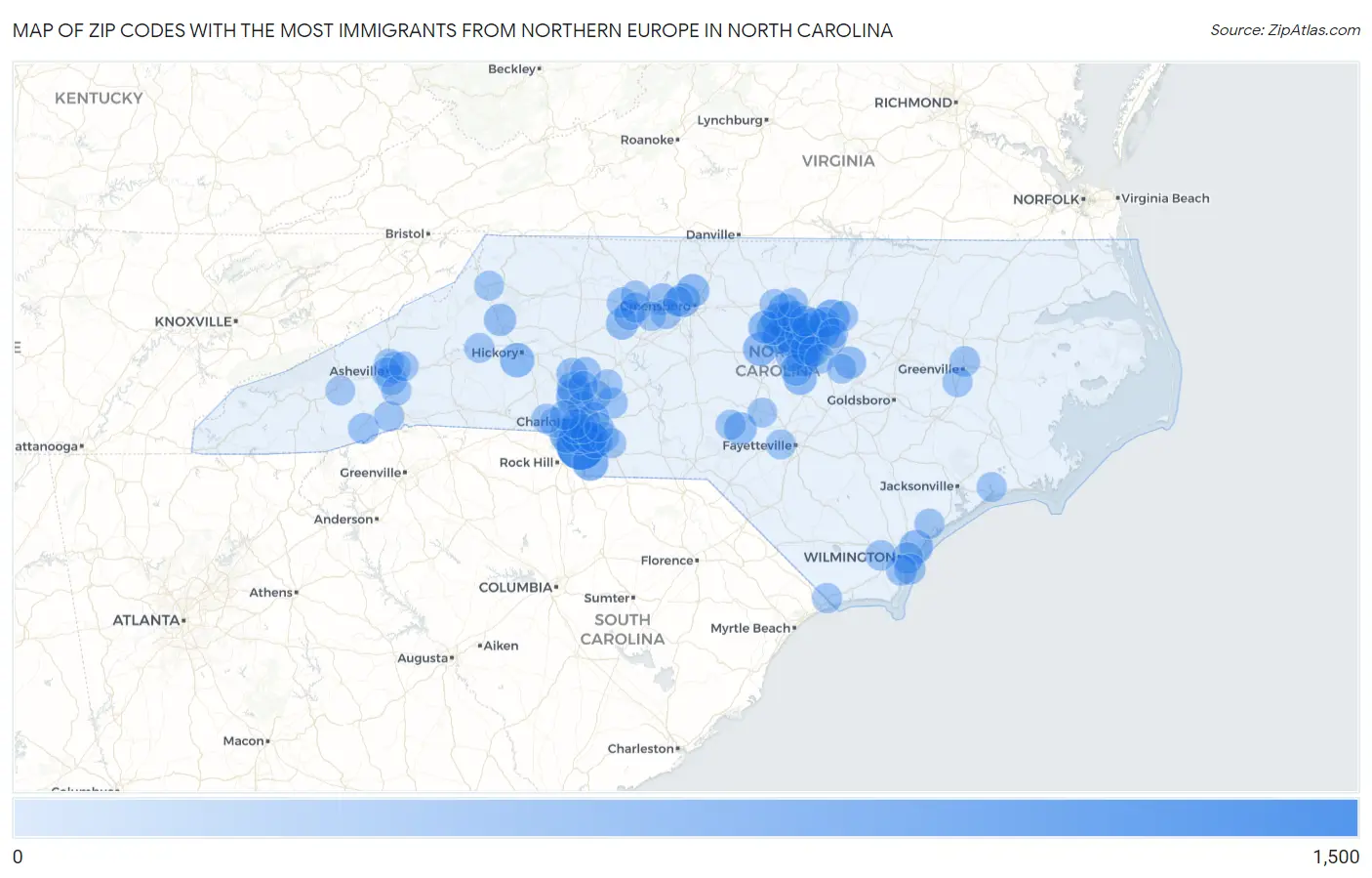 Zip Codes with the Most Immigrants from Northern Europe in North Carolina Map
