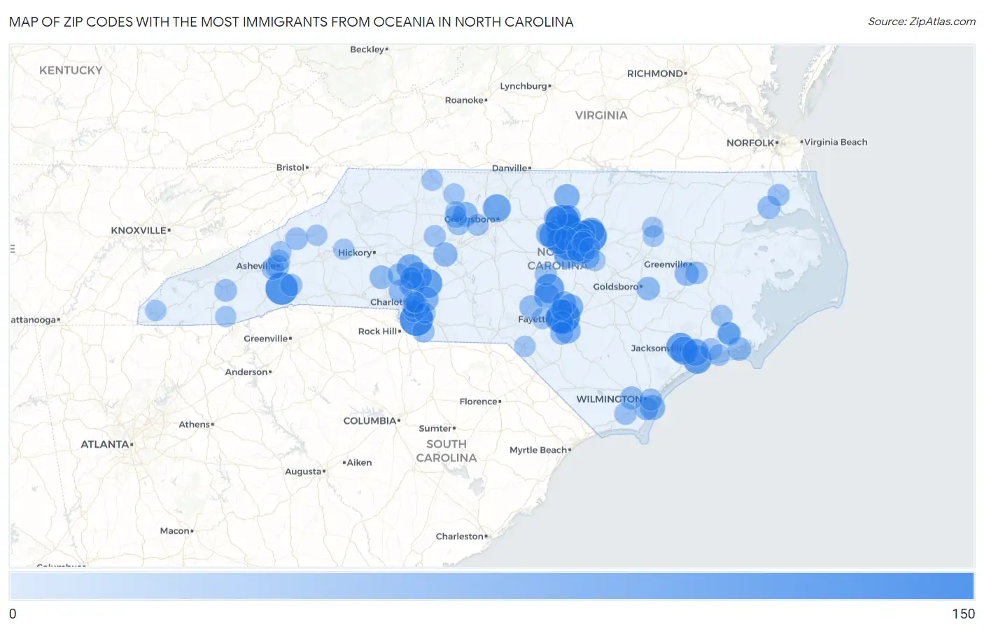 Zip Codes with the Most Immigrants from Oceania in North Carolina Map