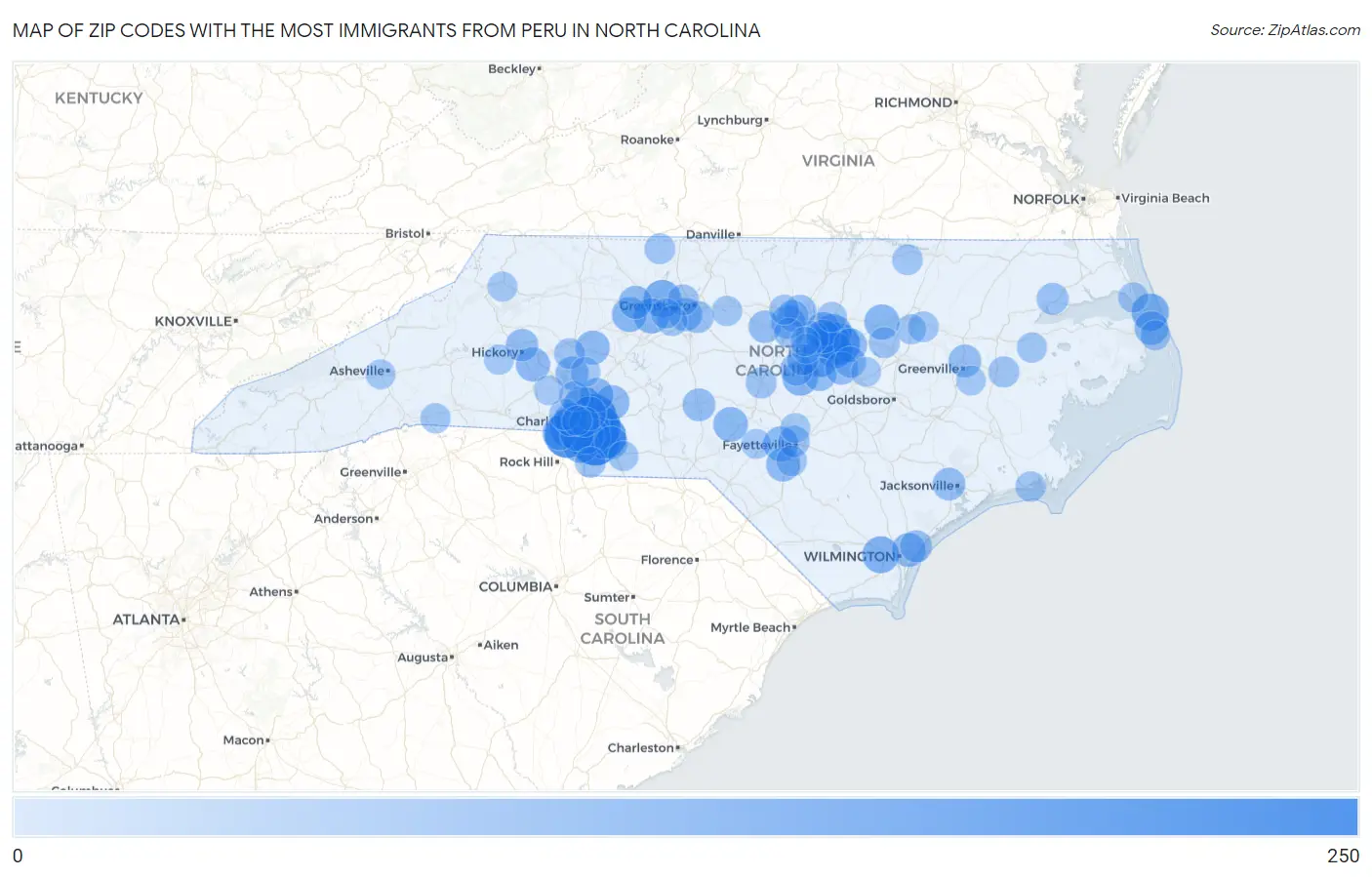 Zip Codes with the Most Immigrants from Peru in North Carolina Map