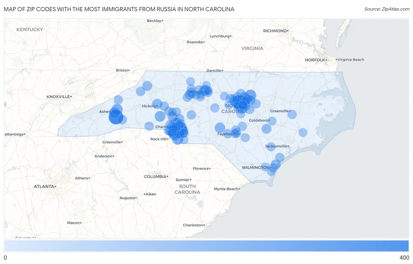 Zip Codes with the Most Immigrants from Russia in North Carolina Map