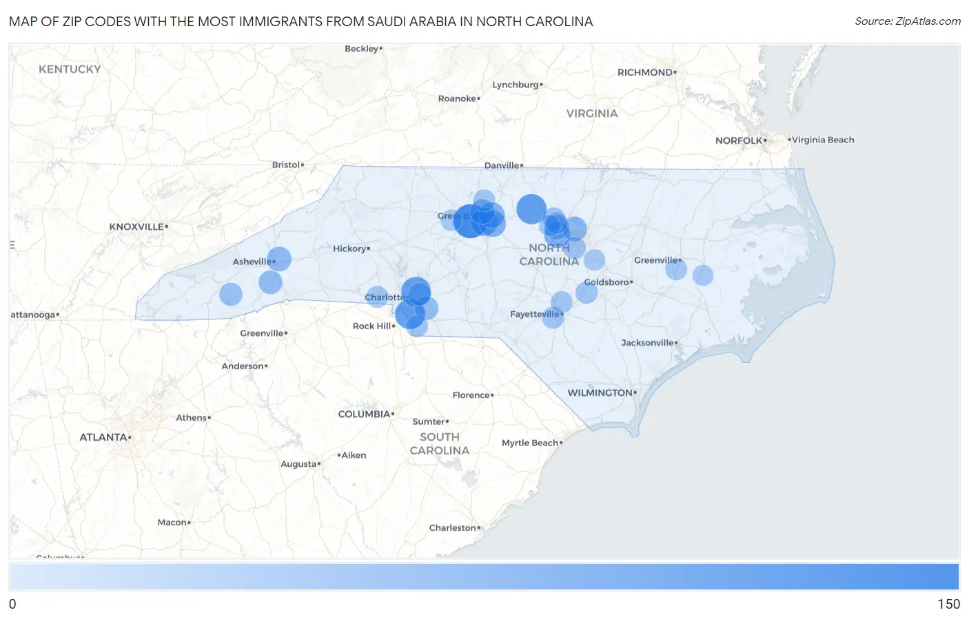Zip Codes with the Most Immigrants from Saudi Arabia in North Carolina Map