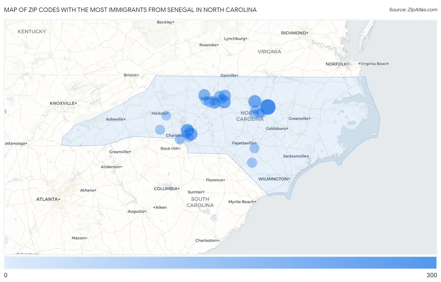 Zip Codes with the Most Immigrants from Senegal in North Carolina Map