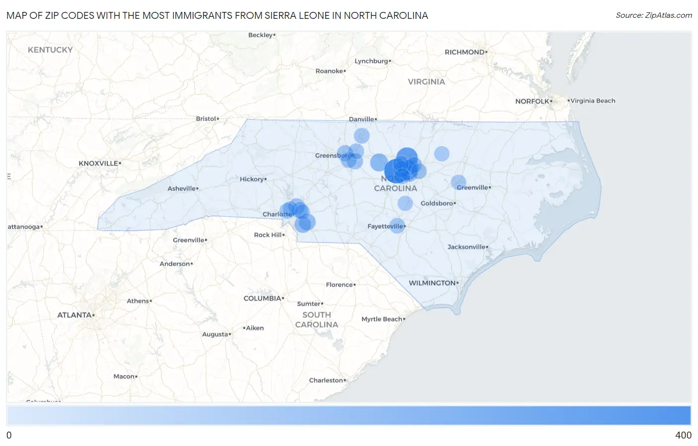 Zip Codes with the Most Immigrants from Sierra Leone in North Carolina Map
