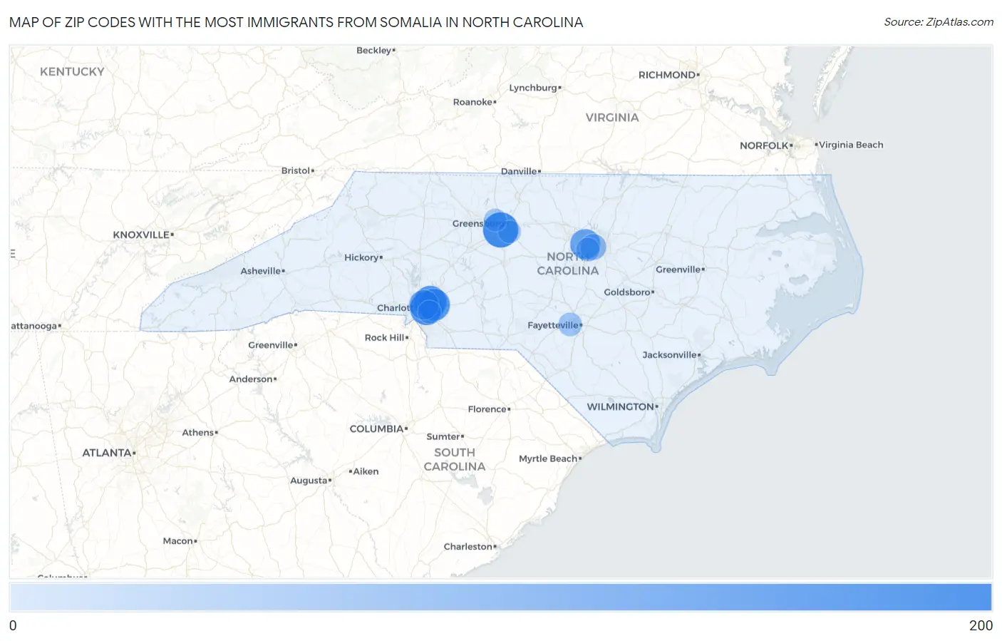 Zip Codes with the Most Immigrants from Somalia in North Carolina Map