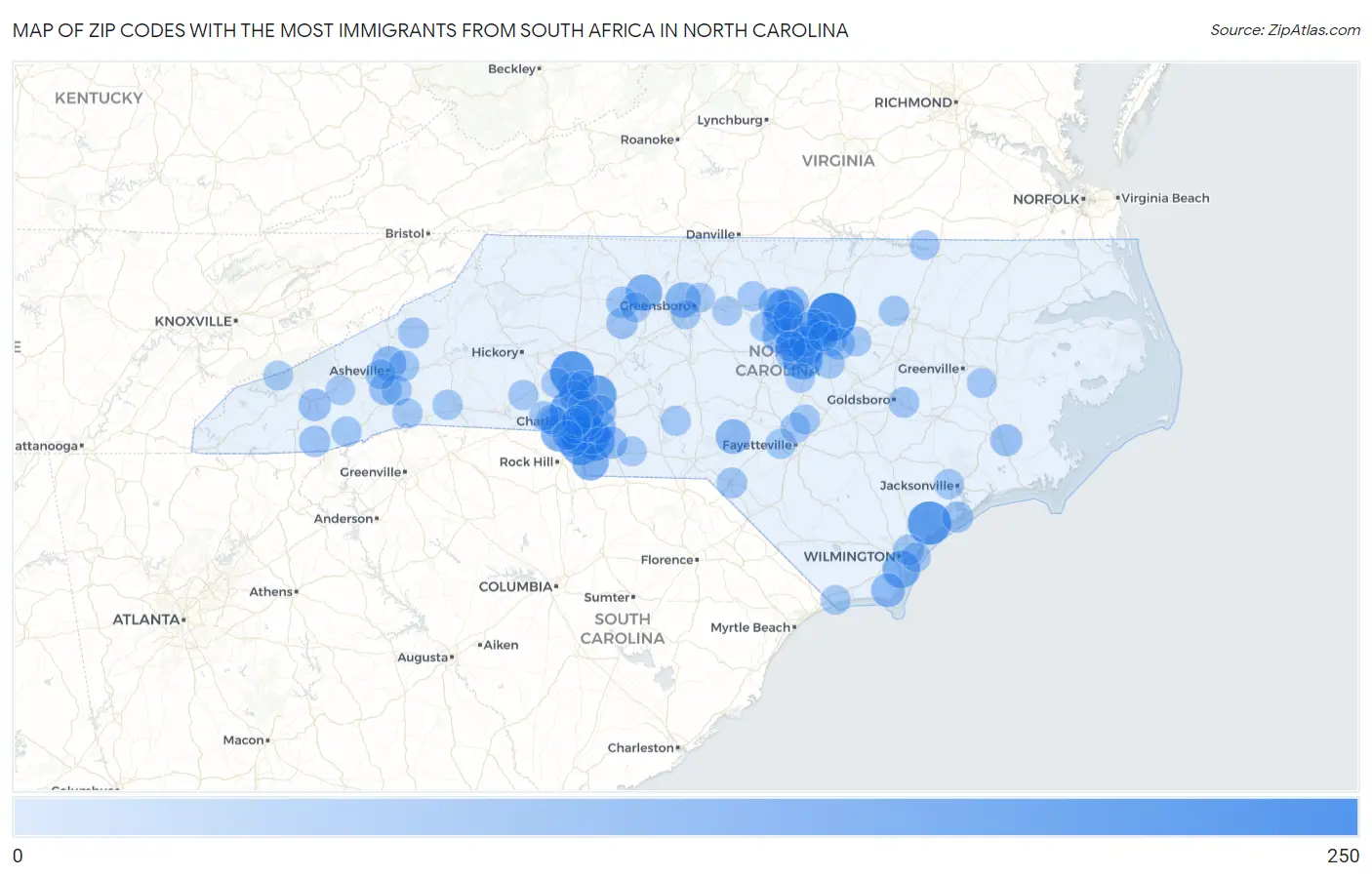 Zip Codes with the Most Immigrants from South Africa in North Carolina Map