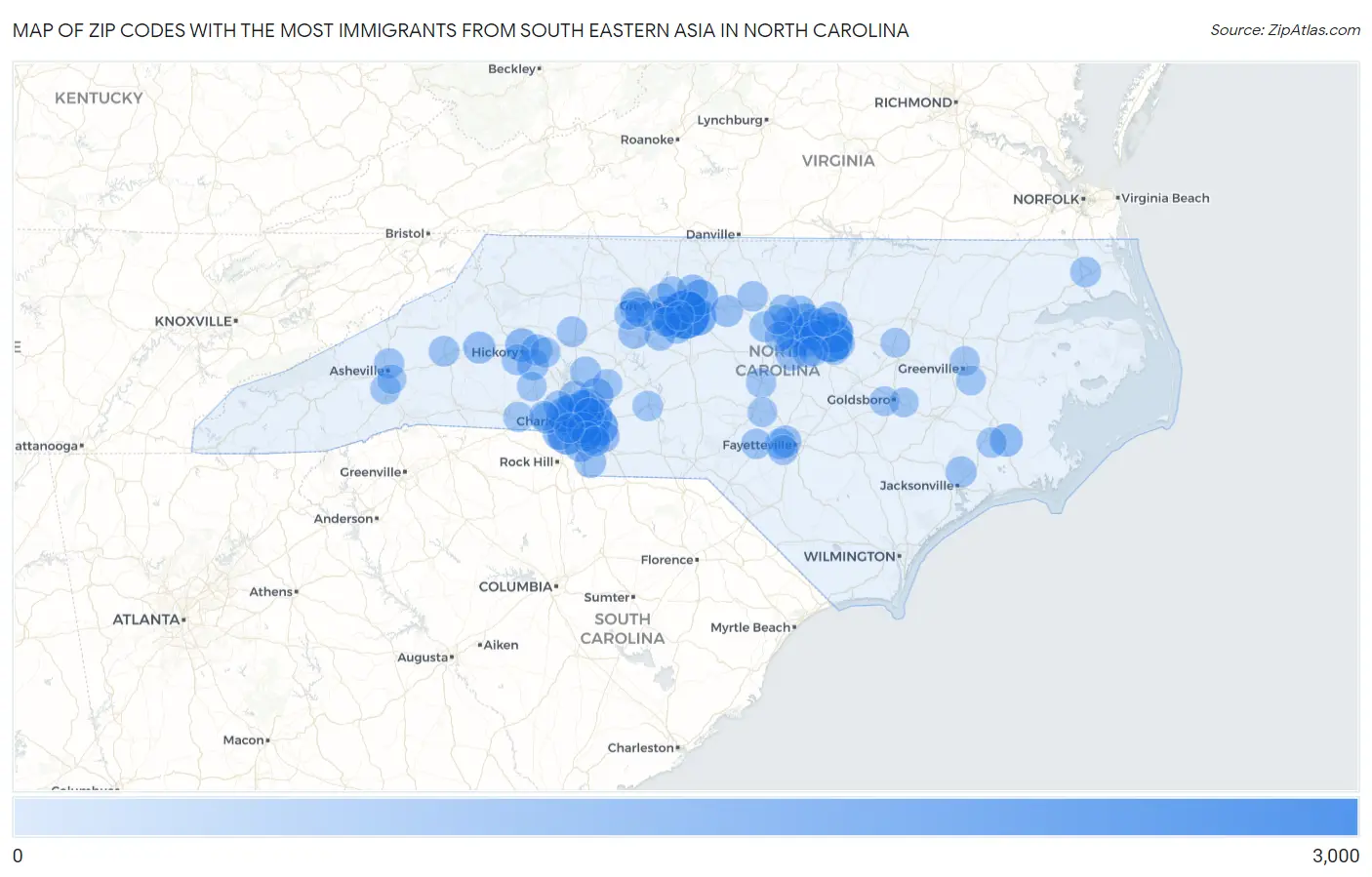 Zip Codes with the Most Immigrants from South Eastern Asia in North Carolina Map