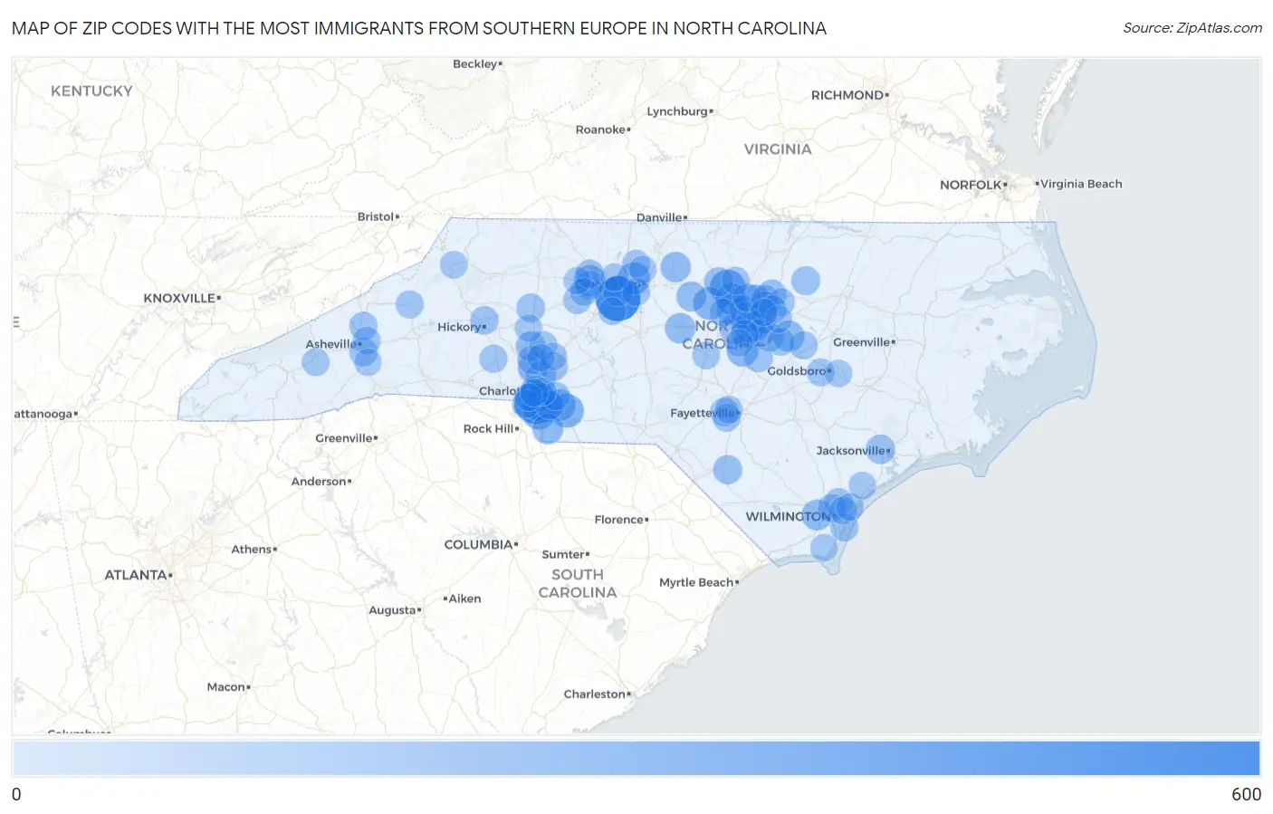 Zip Codes with the Most Immigrants from Southern Europe in North Carolina Map