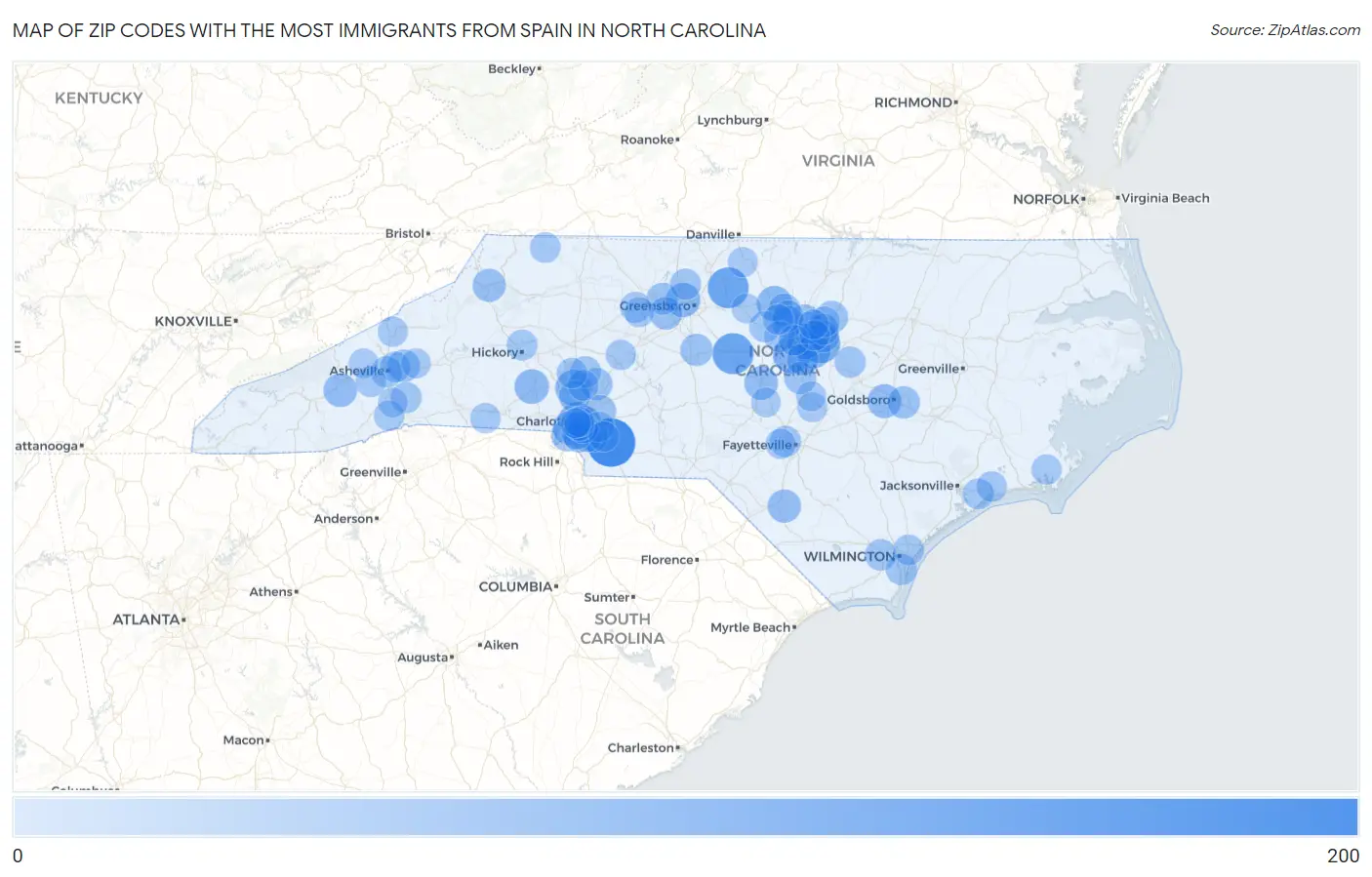 Zip Codes with the Most Immigrants from Spain in North Carolina Map