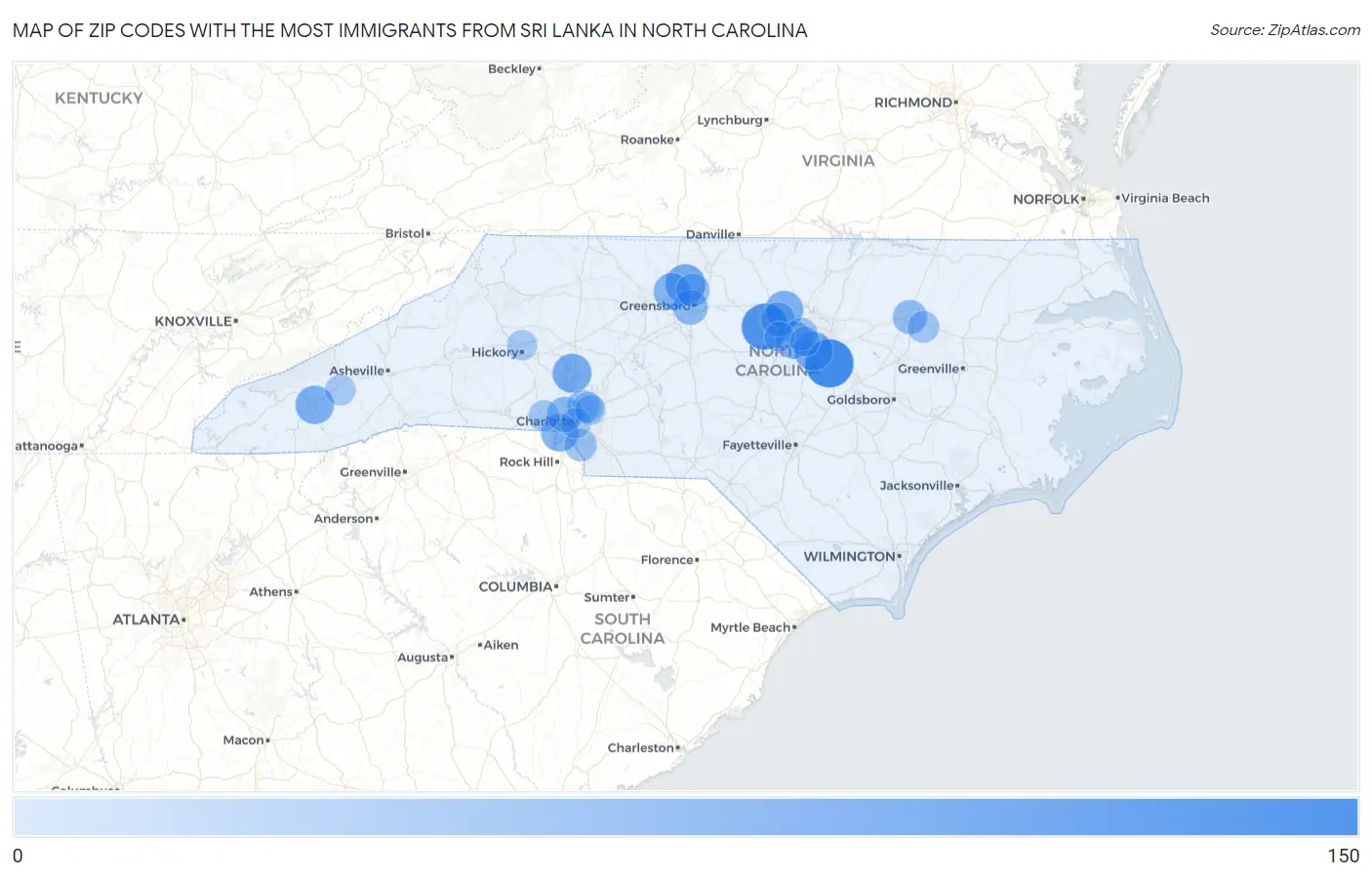 Zip Codes with the Most Immigrants from Sri Lanka in North Carolina Map