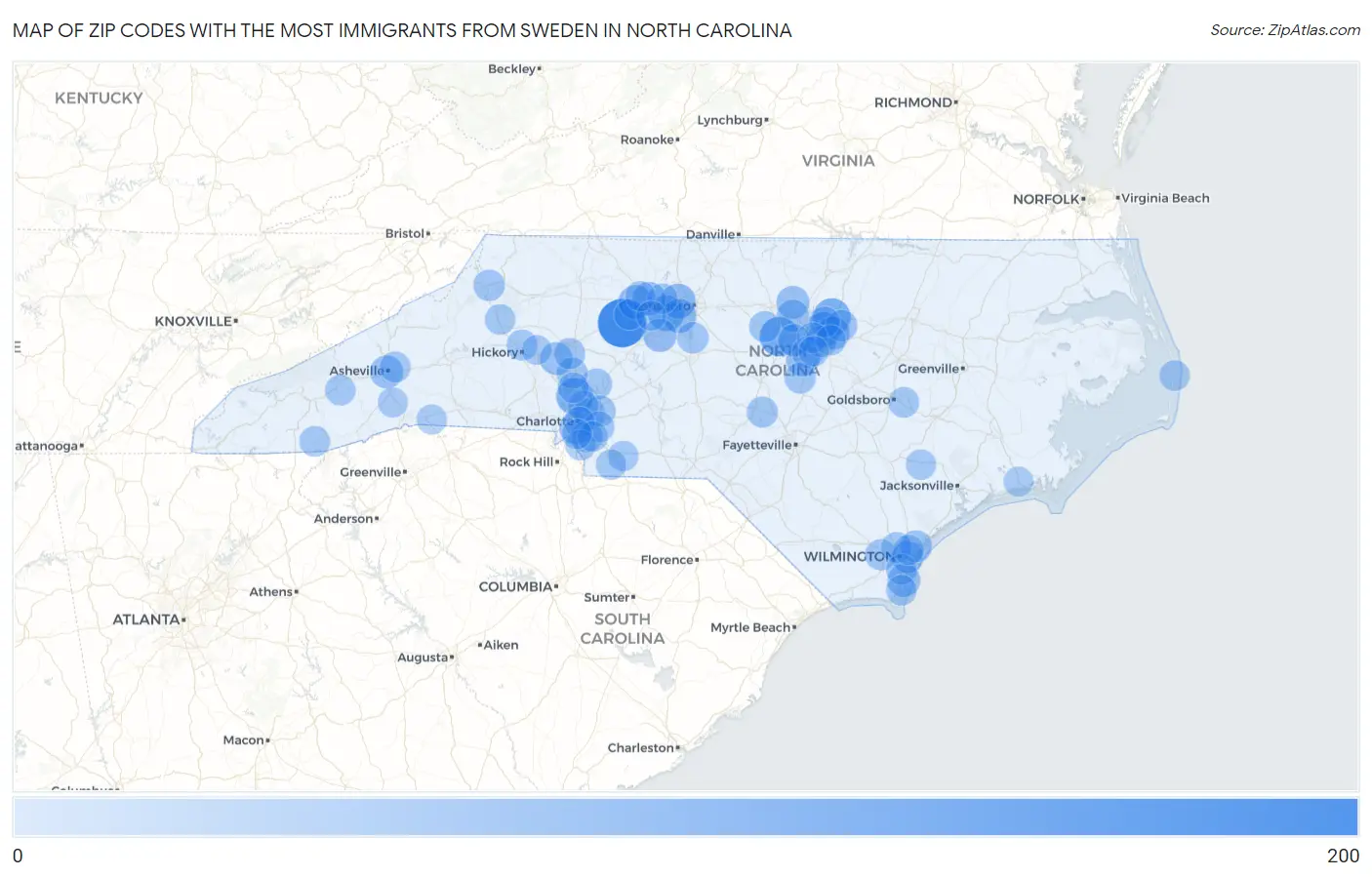Zip Codes with the Most Immigrants from Sweden in North Carolina Map