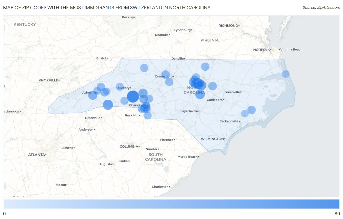 Zip Codes with the Most Immigrants from Switzerland in North Carolina Map