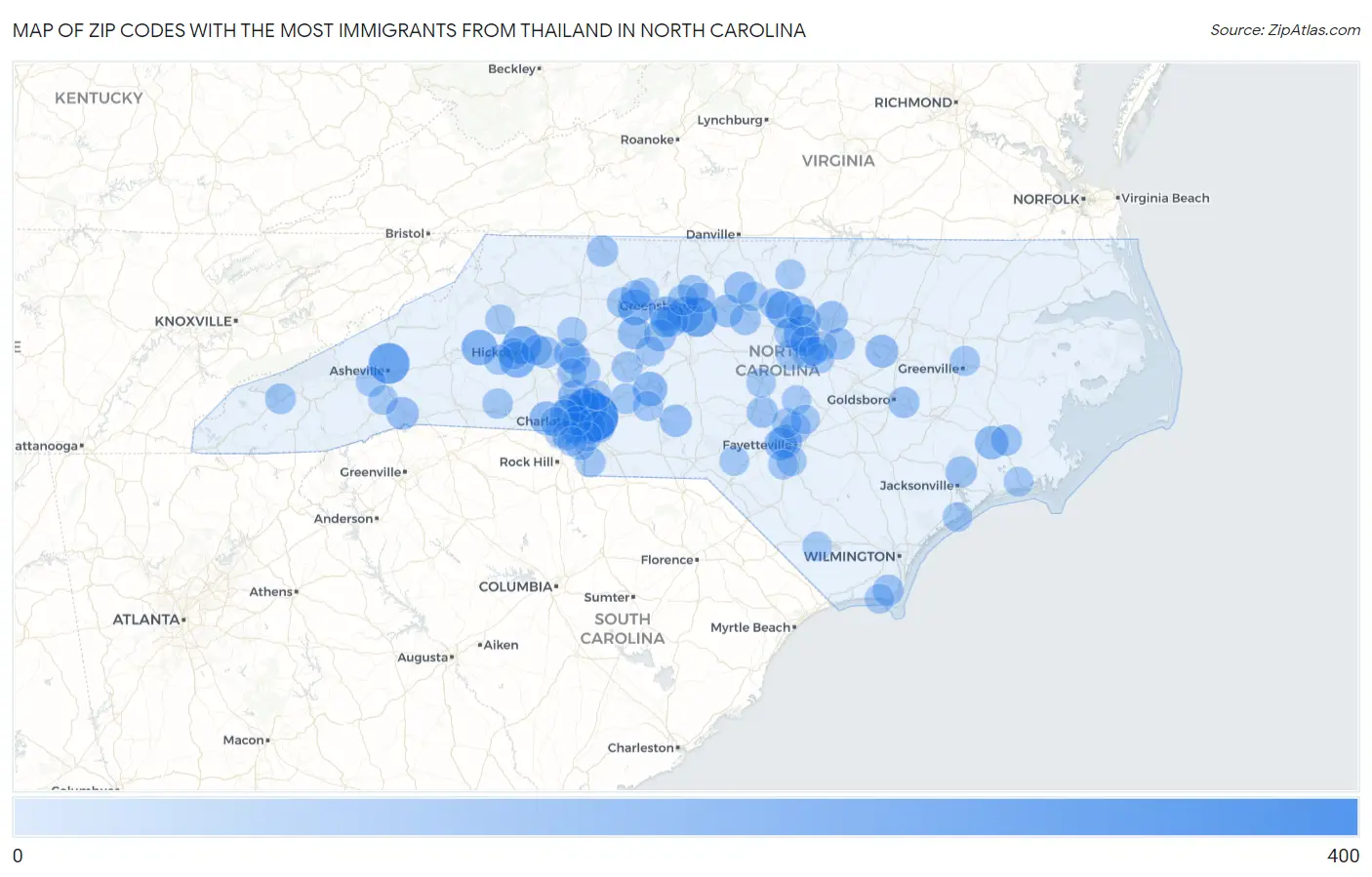 Zip Codes with the Most Immigrants from Thailand in North Carolina Map