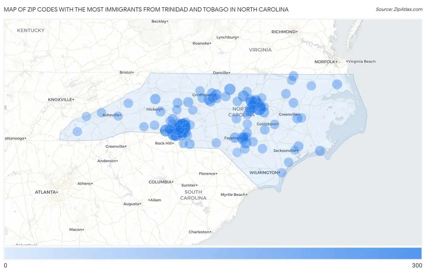 Zip Codes with the Most Immigrants from Trinidad and Tobago in North Carolina Map